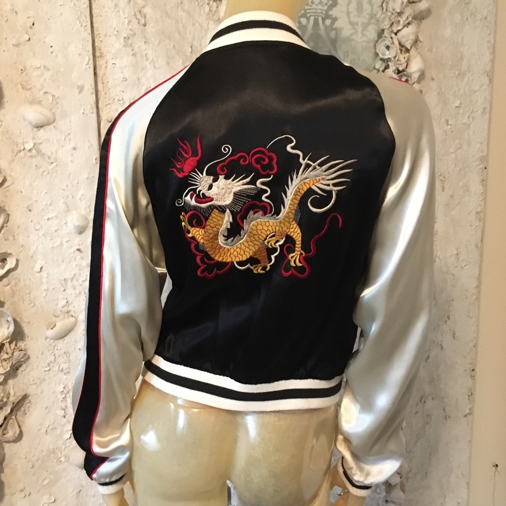 Seven 7 Satin Baseball Jacket w embroidered Dragon,   Reversible sz S